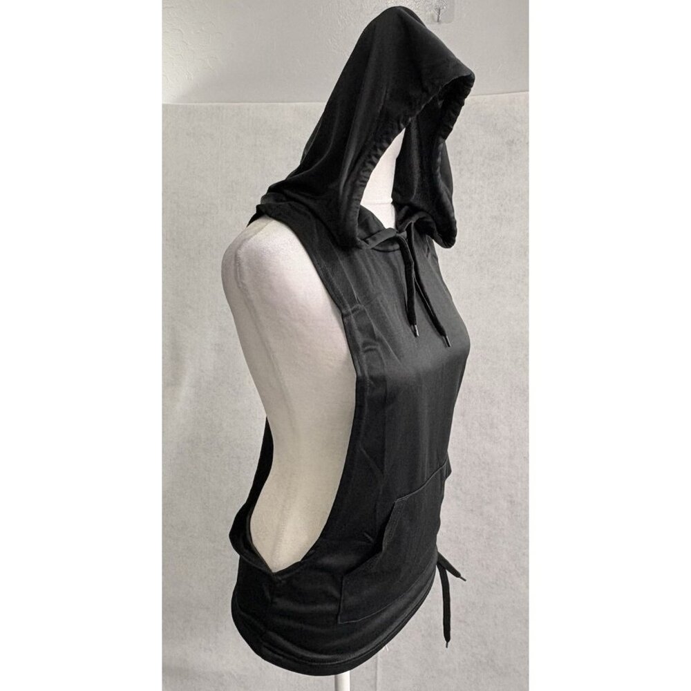 Muscle Cut‎ Tank Top Women Hooded Sleeveless Open Sides Sz M Black Gym 30-8